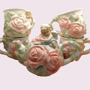Cherub Tea Set ( One Teapot, Four Teacups) - Avon